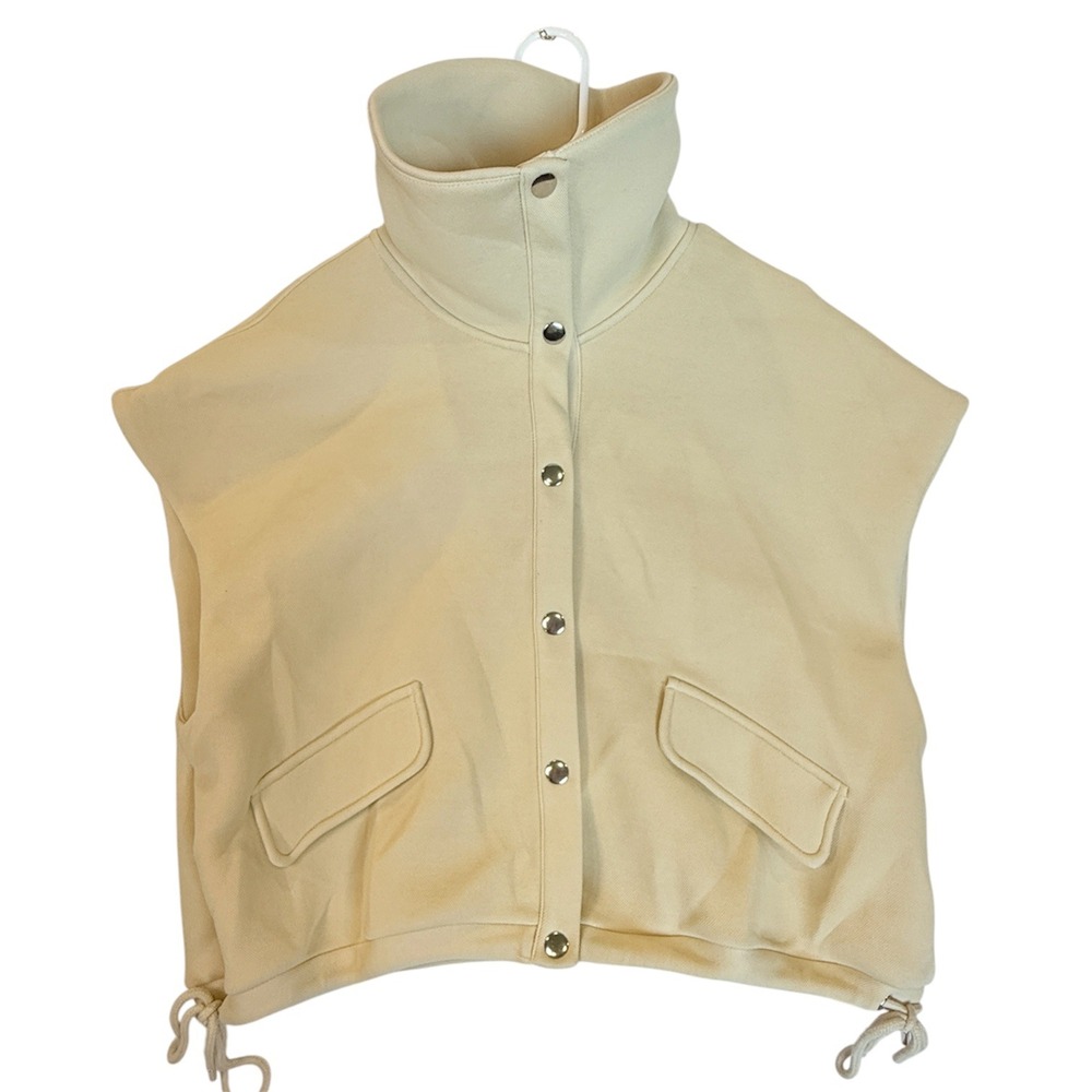 Zara Vest Women XS-S Cream High Neck Snap Button Drawstring Hem 1529/156/711
